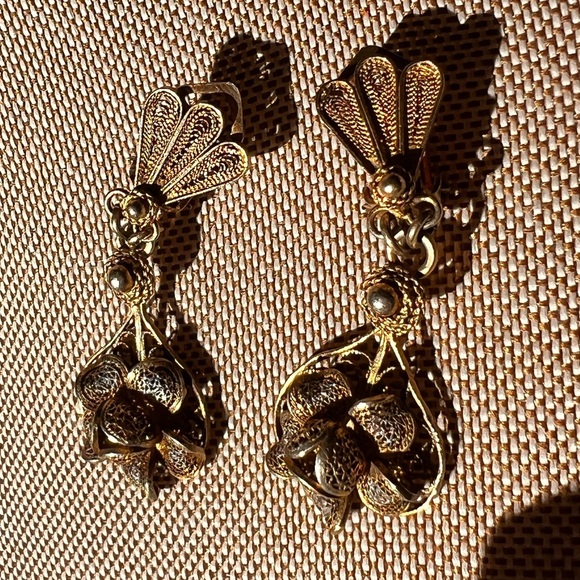 Victorian Etruscan filagree art nouveau Revival gold silver signed 925 Earrings - Picture 7 of 12